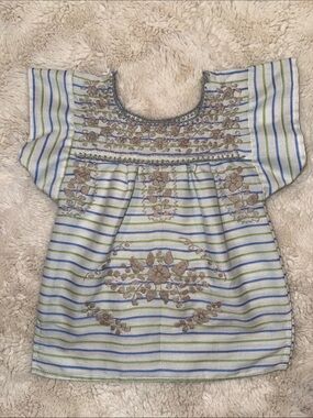 Girls' Embroidered Striped Tunic Top - Blue, Green & Cream